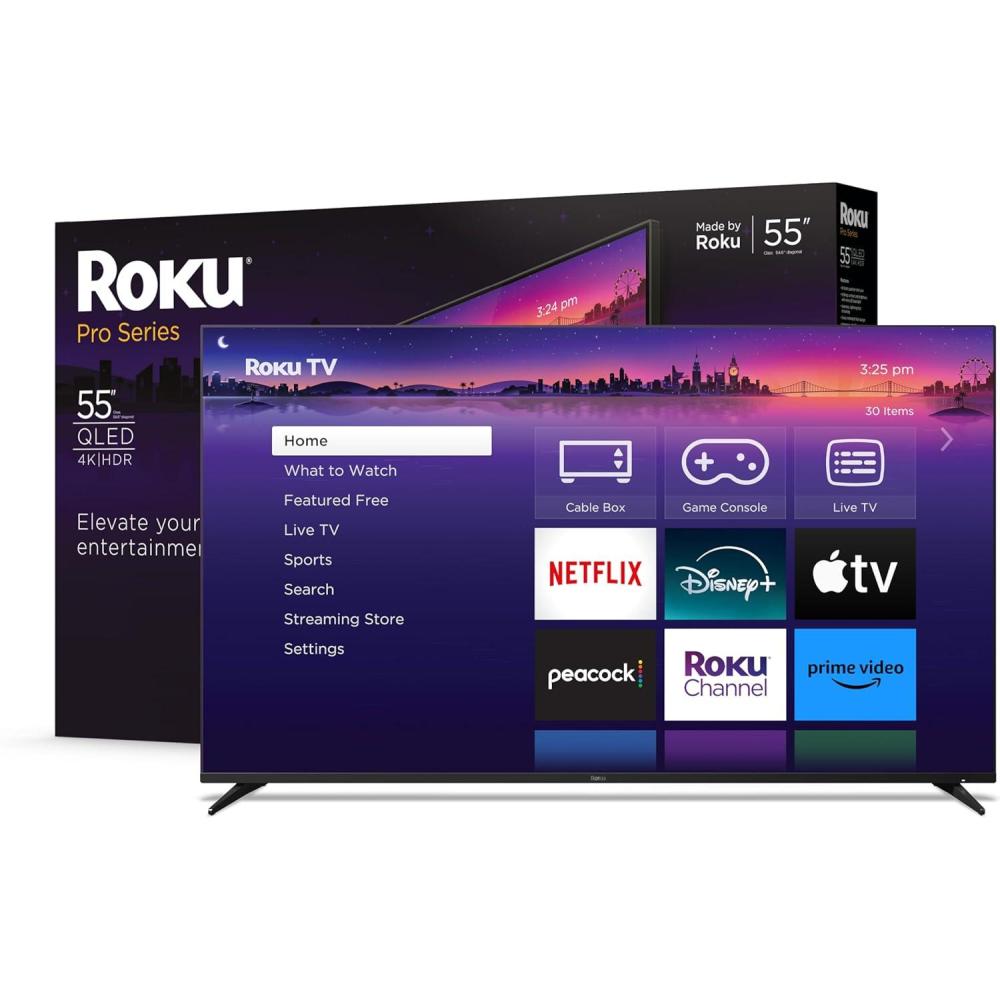 imageRoku Smart TV  55Inch Pro Series 4K QLED RokuTV with Backlit Roku Voice Remote Pro Dolby Vision IQ 120Hz Refresh Rate  Live Local News Sports GamingTV only