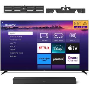 Roku Smart TV – 55-Inch Pro Series QLED RokuTV, TV Wall Mount & Wireless Soundbar Bundle