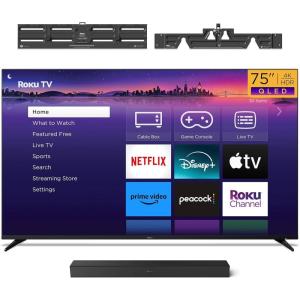 Roku Smart TV – 75-Inch Pro Series QLED RokuTV, TV Wall Mount & Wireless Soundbar Bundle