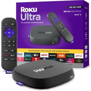 Roku Ultra – Ultimate Streaming Player – 4K Streaming Device for TV with HDR10+, Dolby Vision & Atmos – Bluetooth & Wi-Fi 6- Rechargeable Voice Remote Pro with Backlit Buttons – Free & Live TV(Ultra 2024)