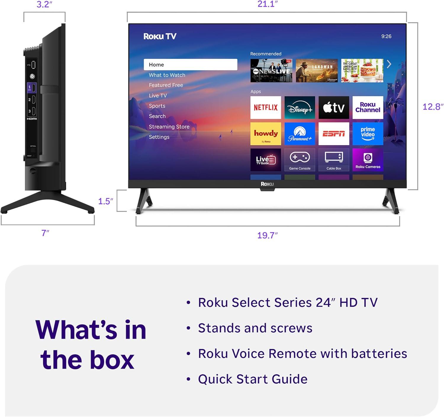 imageRoku Smart TV 2025 24Inch Select Series 720p HD TV Roku TV with Voice Remote Flat Screen LED Television with WiFi for Streaming Live Local News Sports Family Entertainment24