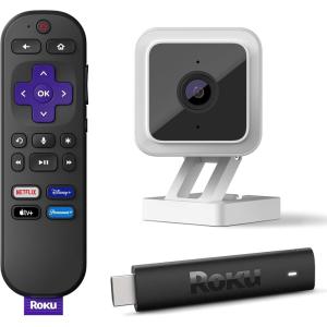 Roku Streaming Stick 4K | Portable Roku Streaming Device 4K/HDR/Dolby Vision, Roku Voice Remote, Free & Live TV + Roku Indoor Camera for Home Security, 1-Pack – Wired Security Camera