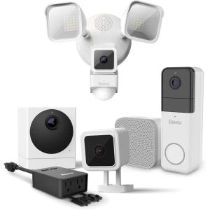 Roku Wired Outdoor Camera, Wireless Video Doorbell, Outdoor Camera, Floodlight Camera, & Smart Plug Bundle
