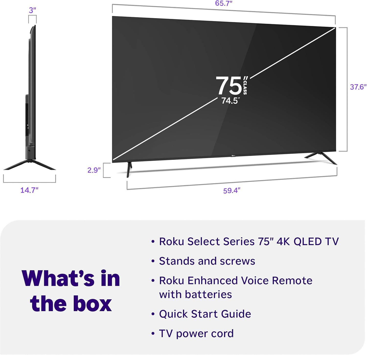 image:imageRoku Smart TV 2026 75Inch Select Series 4K QLED TV Roku TV with Voice Remote Flat Screen QLED Television with WiFi for Streaming Live Local News Sports amp Movies Bluetooth Headphone Mode4K QLED